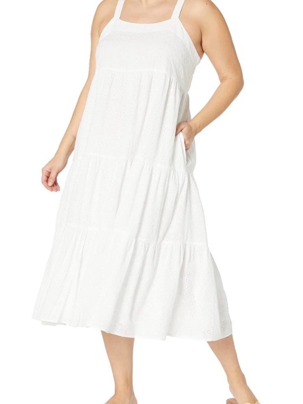 Women's White Tiered Eyelet Midi Dress with Square Neck